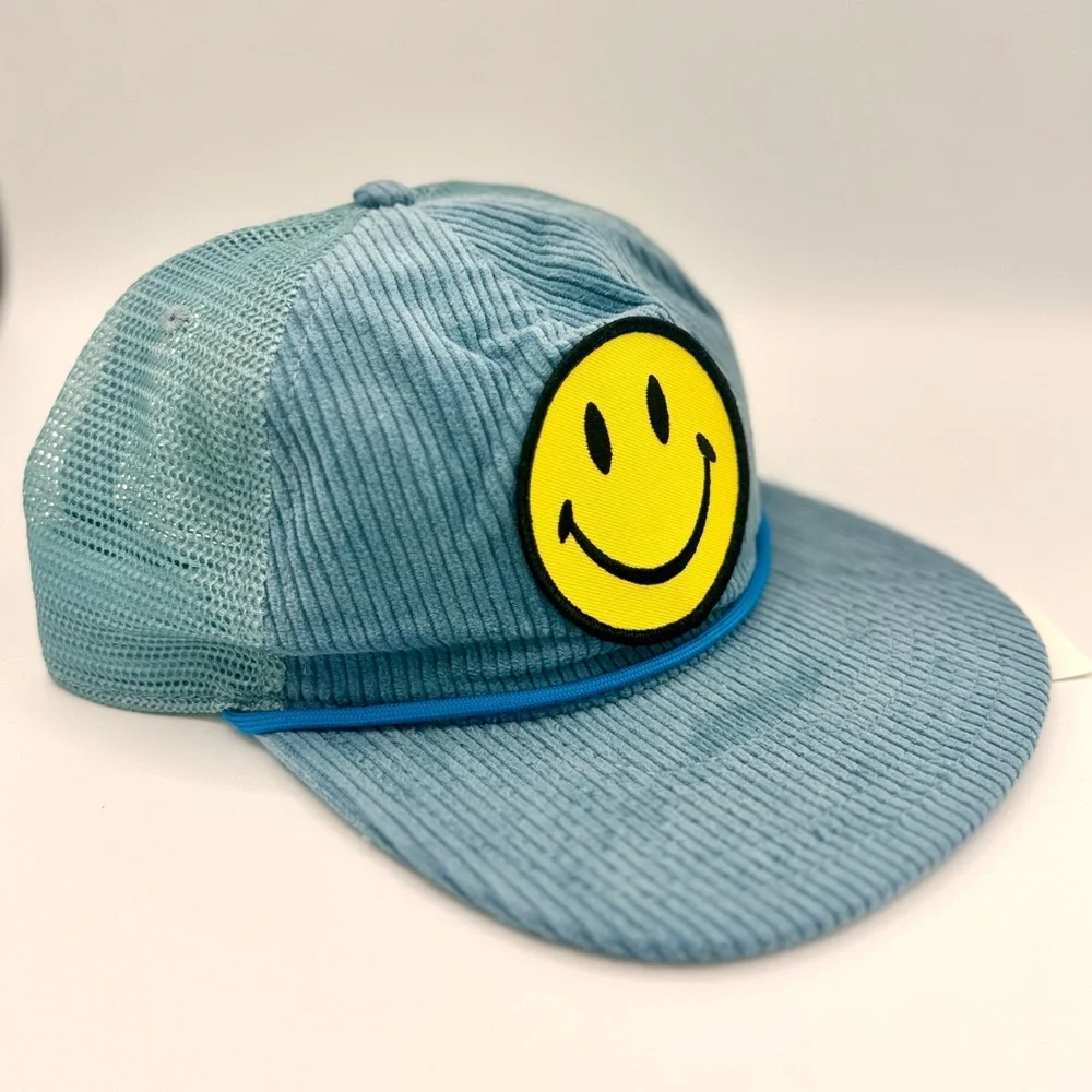 Aviator Nation Blue Corduroy Trucker Hat with Yellow Smiley Patch